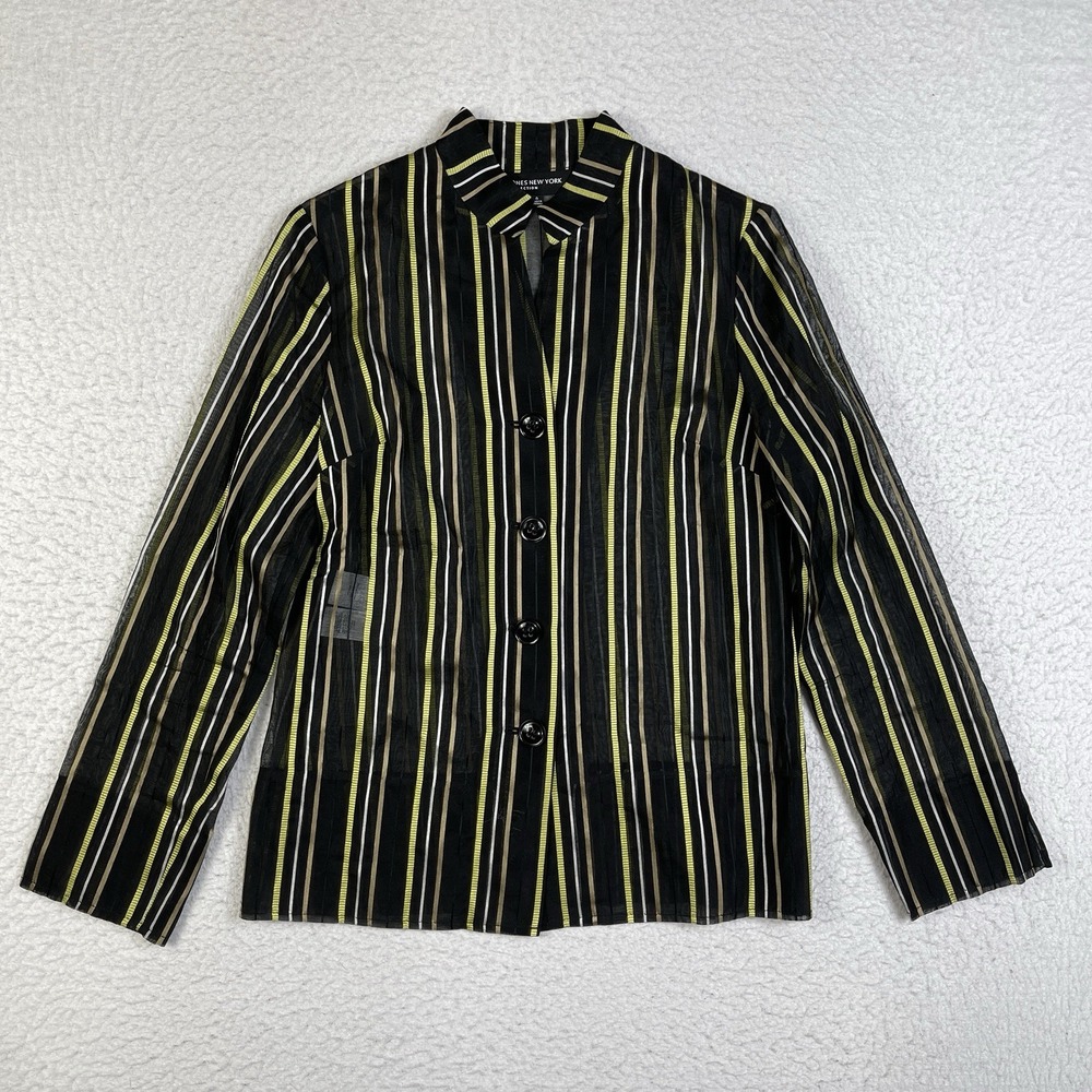 Jones New York Shirt Womens‎ 4 Black Gold Sheer Cotton Silk Striped Mature Retro